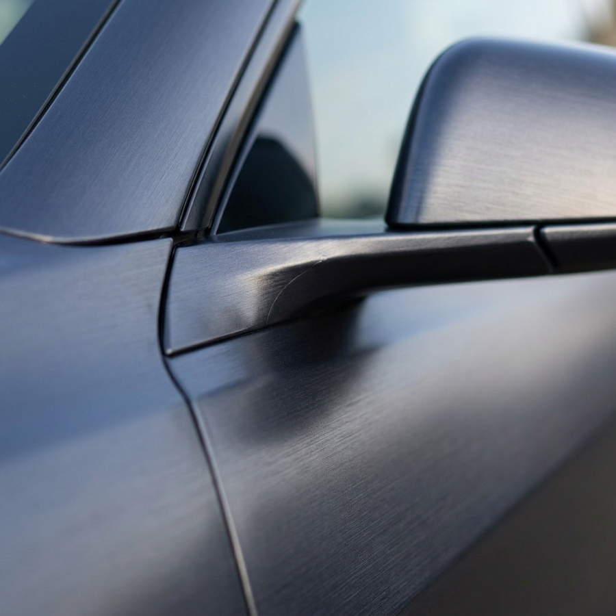 3M 2080 Brushed Steel folie – nærbilde av børstet stål-finish på bildør og speil