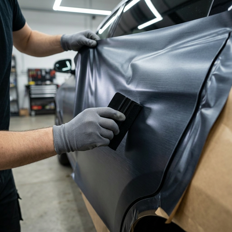 Montering av 3M 2080 Brushed Steel folie på bildør med filtskraper