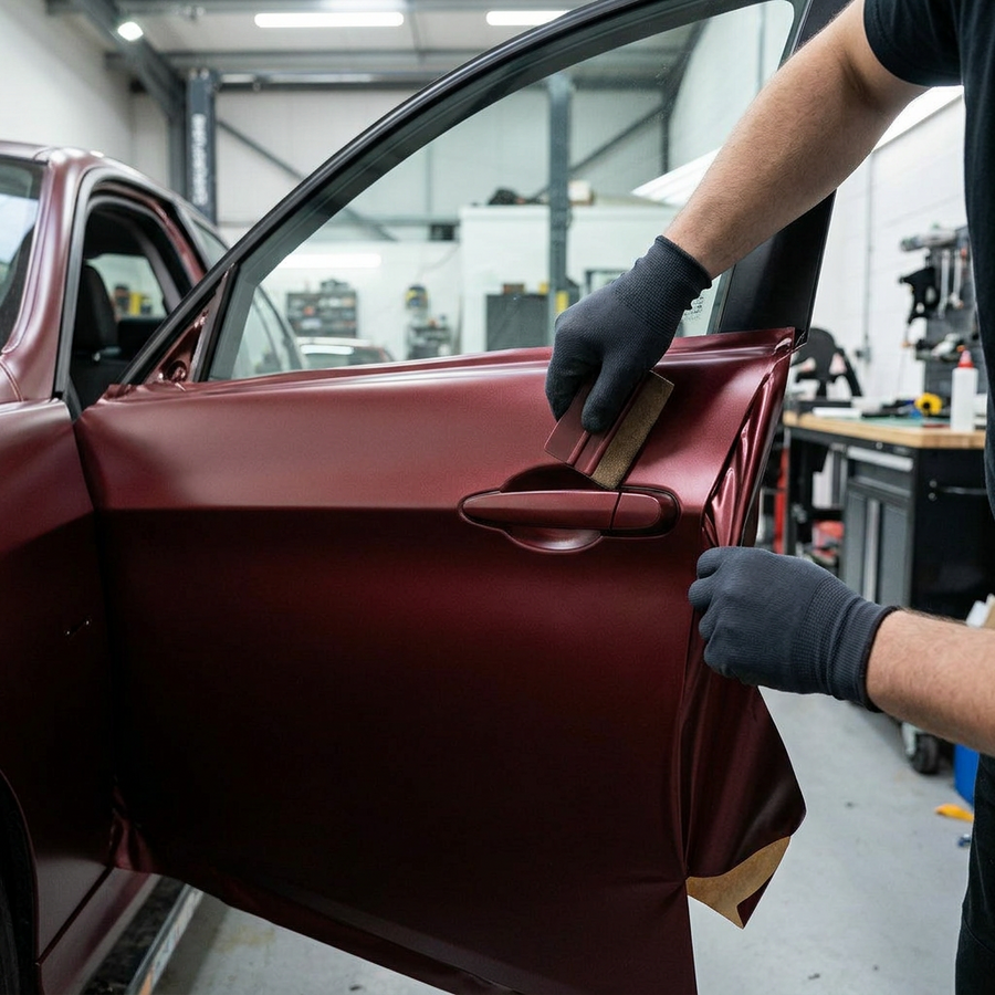 3M 2080 Satin Vampire Red folie, montering av folien på en bildør med filtskraper