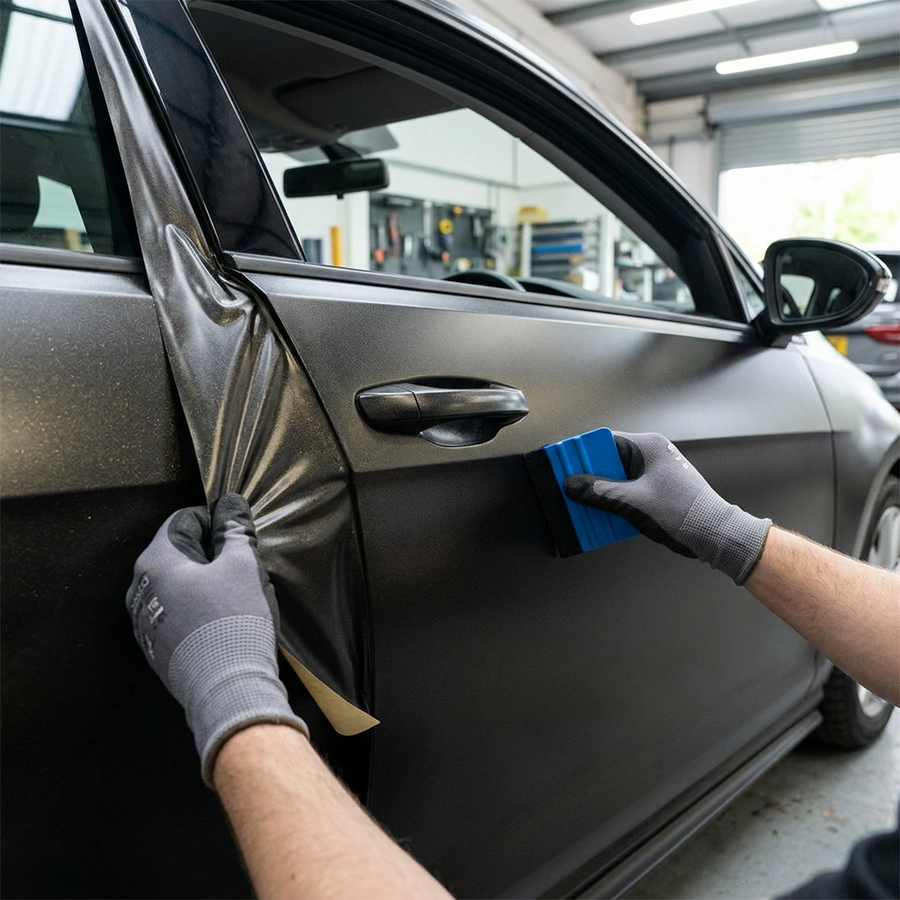 3M 2080 Satin Gold Dust Black folie, montering av folien på en bildør med filtskraper