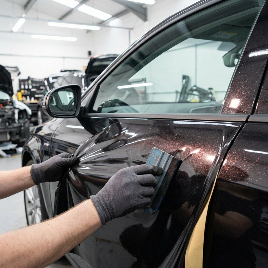 3M 2080 Gloss Ember Black folie, montering av folien på en bildør med filtskraper
