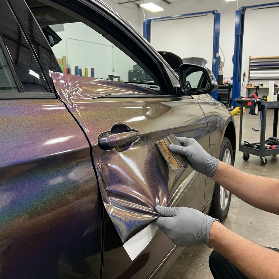 3M 2080 High Gloss Flip Deep Space folie, montering av folien på en bildør med filtskraper