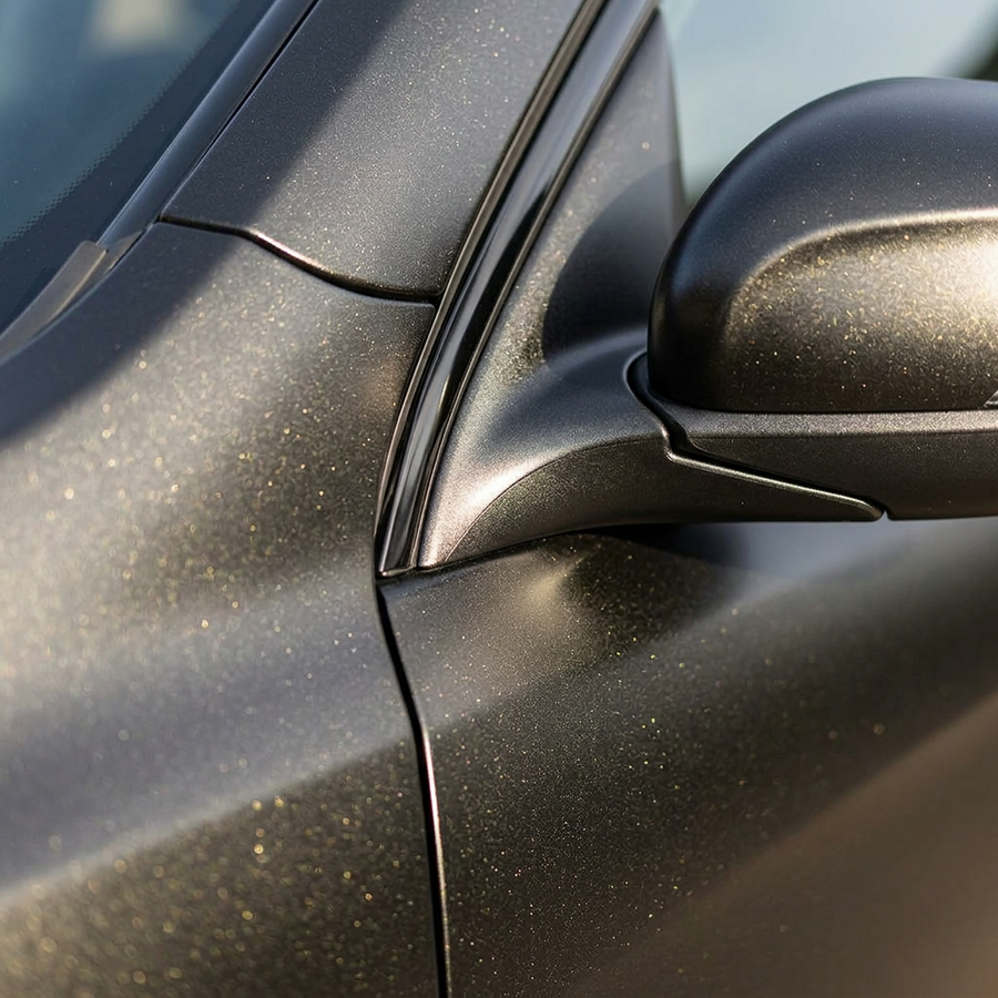 3M 2080 Satin Gold Dust Black folie, nærbilde av finish på bildør og speil