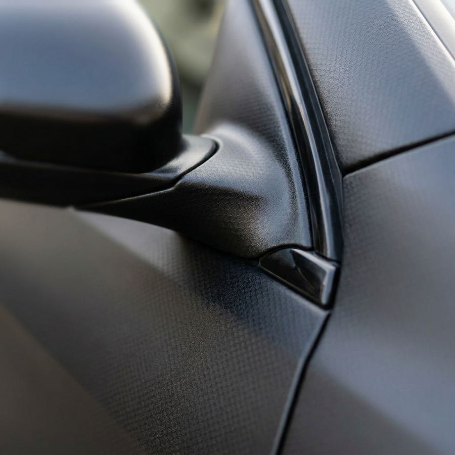 3M 2080 Matrix Black folie, nærbilde av finish på bildør og speil