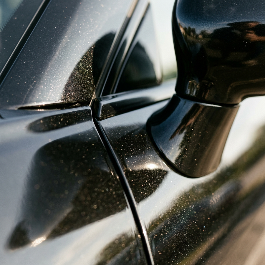 3M 2080 High Gloss Black Metallic folie, nærbilde av finish på bildør og speil