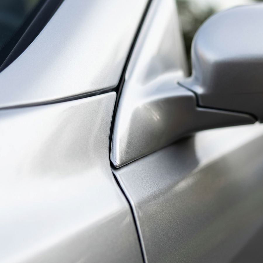 3M 2080 High Gloss White Aluminum folie, nærbilde av finish på bildør og speil