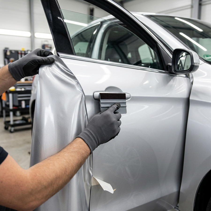 3M 2080 High Gloss White Aluminum folie, montering av folien på en bildør med filtskraper