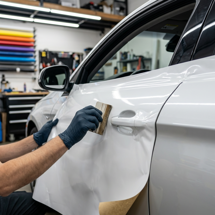 3M 2080 High Gloss White folie, montering av folien på en bildør med filtskraper
