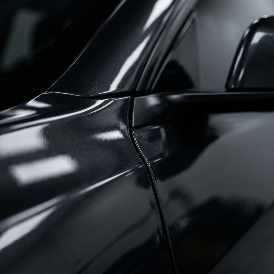 3M 2080 High Gloss Storm Gray folie, nærbilde av finish på bildør og speil