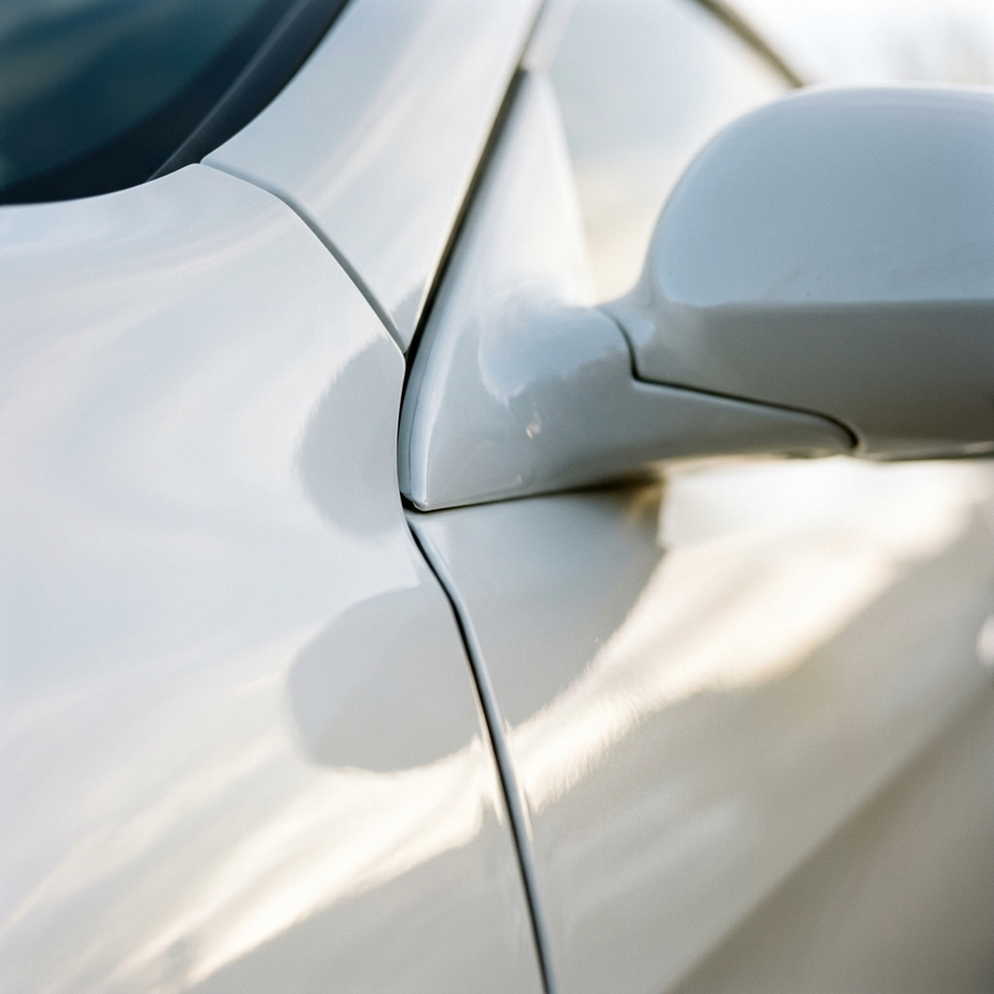 3M 2080 High Gloss White folie, nærbilde av finish på bildør og speil