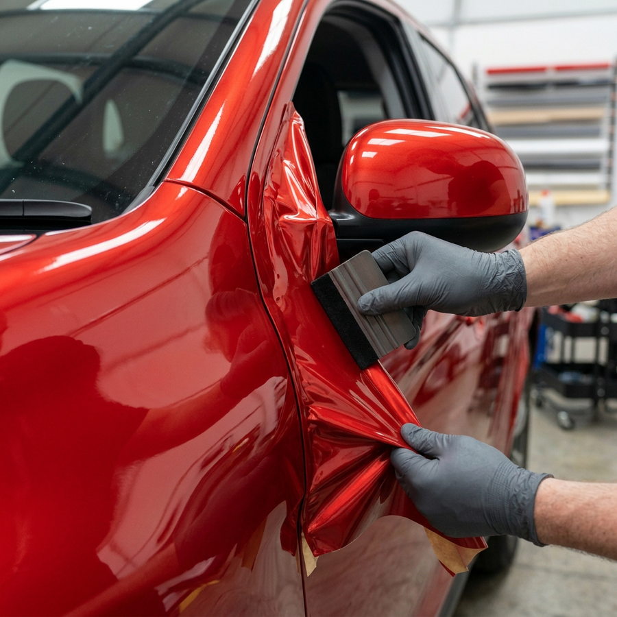3M 2080 High Gloss Hot Rod Red folie, nærbilde av finish på bildør og speil