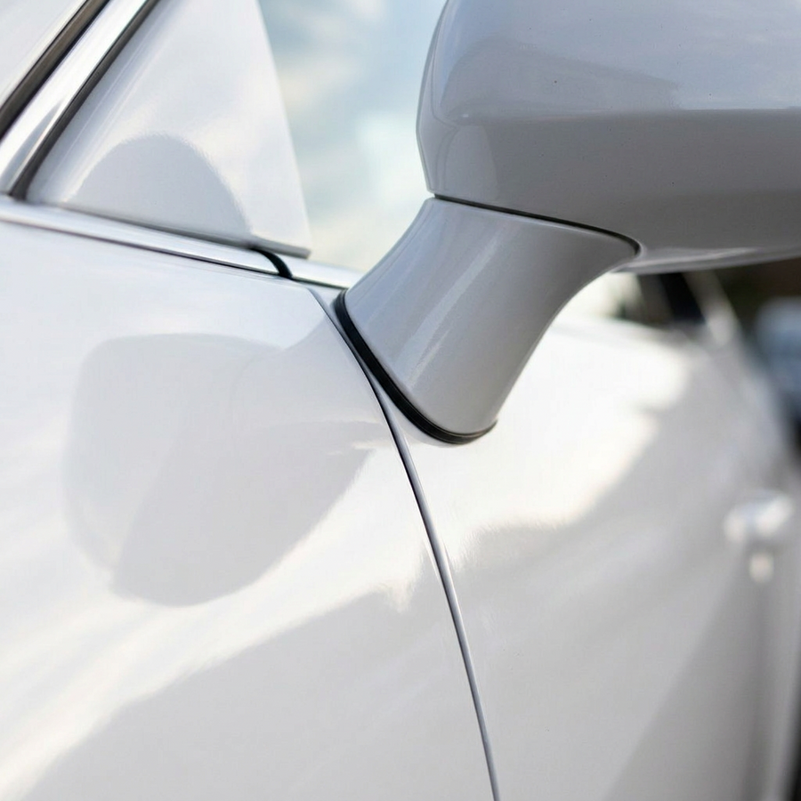 3M 2080 Gloss White folie, nærbilde av finish på bildør og speil