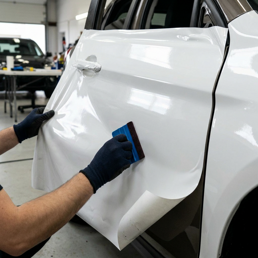 3M 2080 Gloss White folie, montering av folien på en bildør med filtskraper