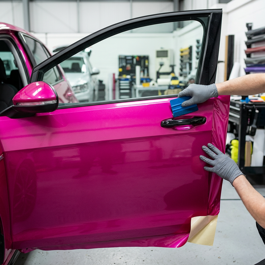 3M 2080 Gloss Fierce Fuchsia folie, montering av folien på en bildør med filtskraper