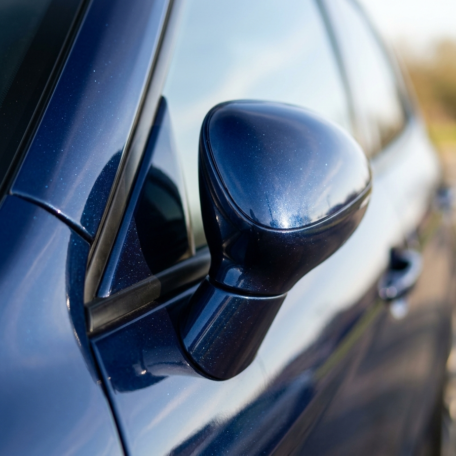 3M 2080 Gloss Deep Blue Metallic folie, nærbilde av finish på bildør og speil