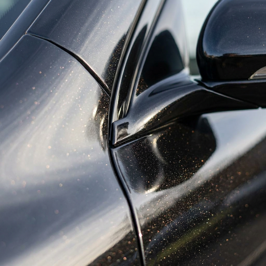 3M 2080 Gloss Black Metallic folie, nærbilde av finish på bildør og speil