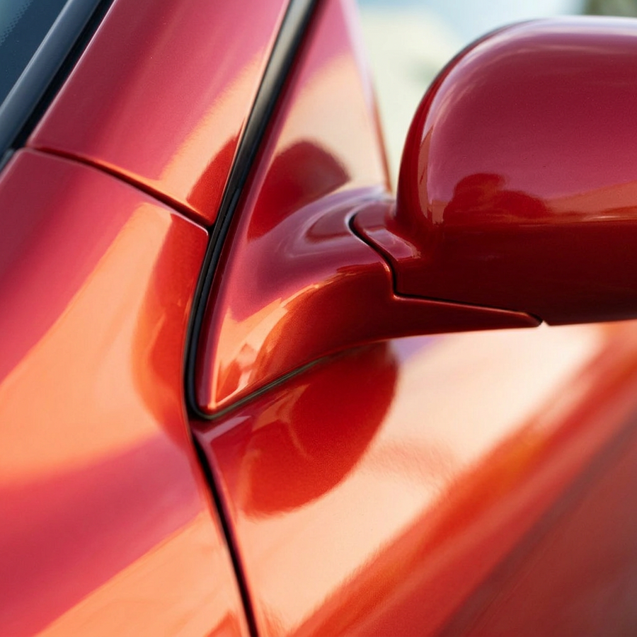 3M 2080 Gloss Flame Red folie, nærbilde av finish på bildør og speil