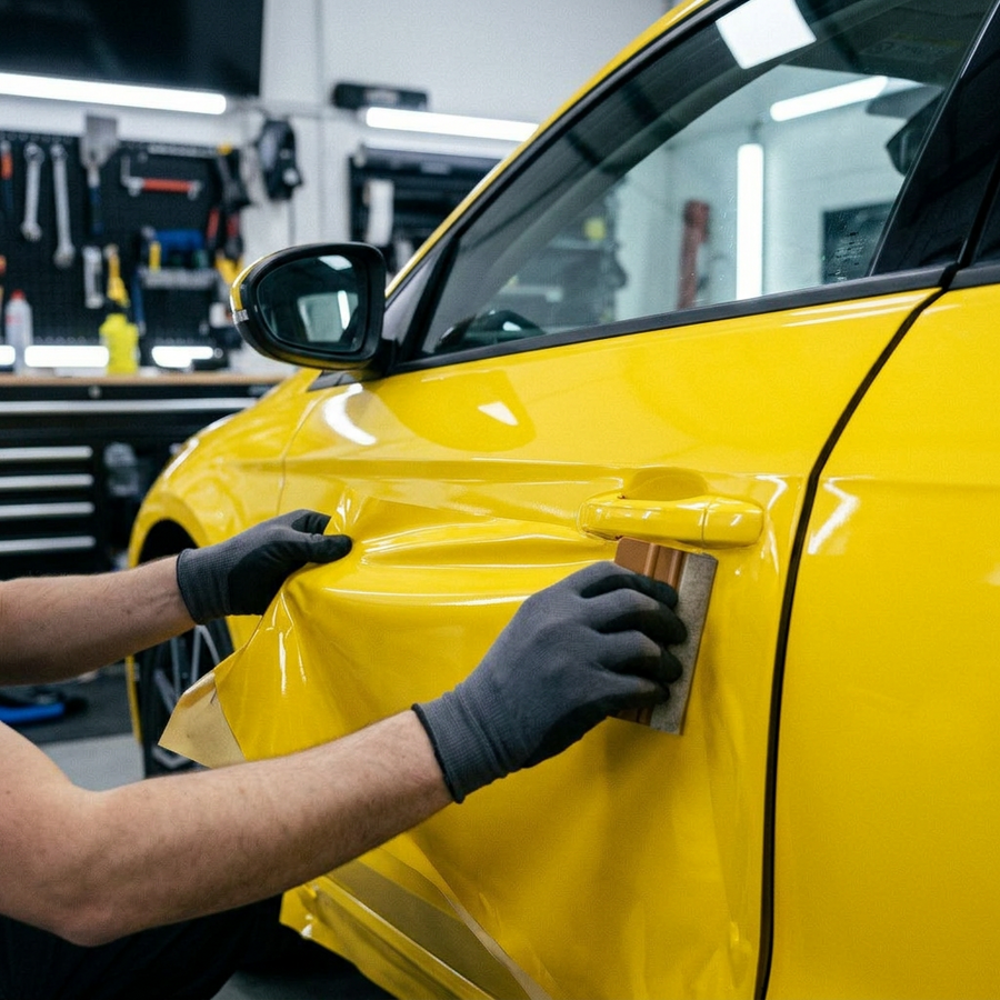 3M 2080 Gloss Lucid Yellow folie, montering av folien på en bildør med filtskraper