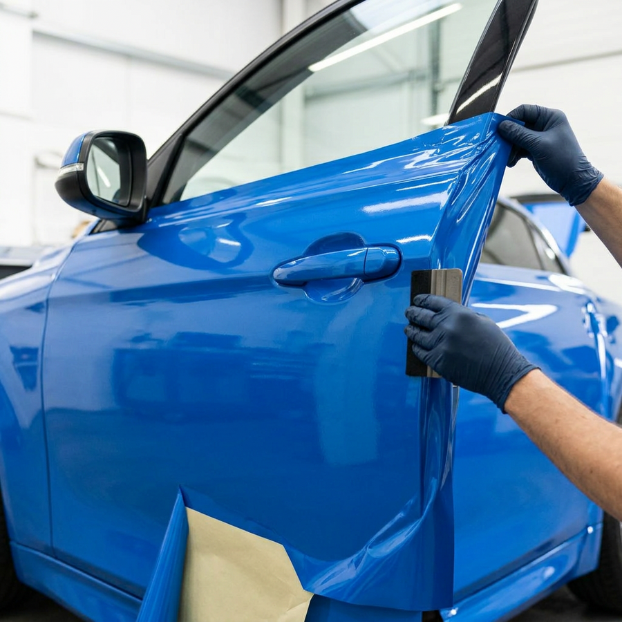 3M 2080 Gloss Intense Blue folie, montering av folien på en bildør med filtskraper