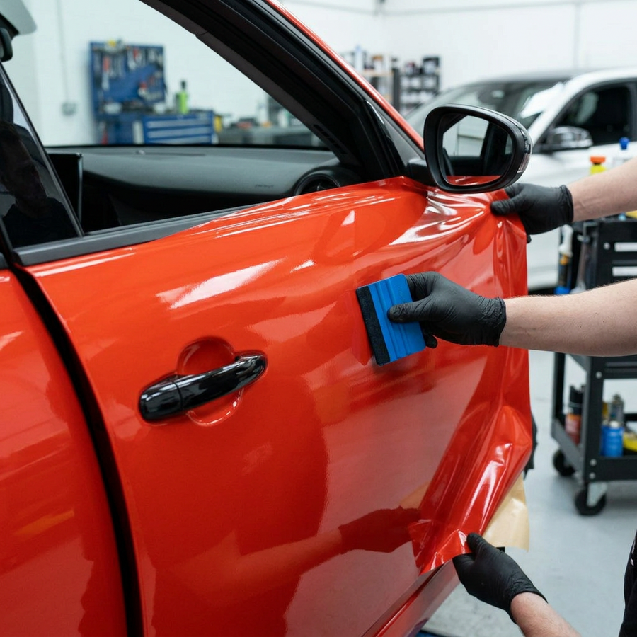3M 2080 Gloss Hot Rod Red folie, montering av folien på en bildør med filtskraper