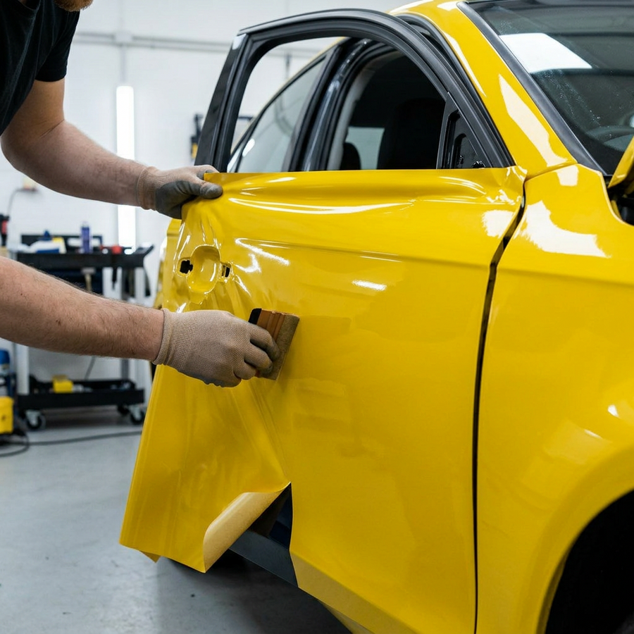 3M 2080 Gloss Bright Yellow folie, montering av folien på en bildør med filtskraper