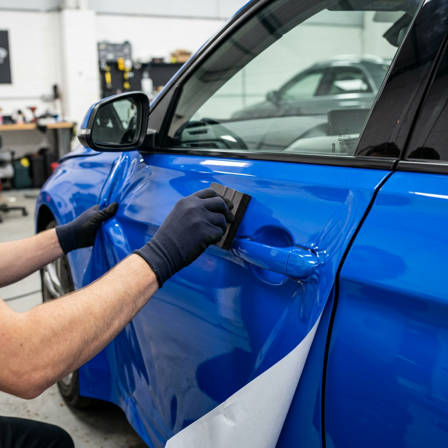 3M 2080 Gloss Blue Raspberry folie, montering av folien på en bildør med filtskraper