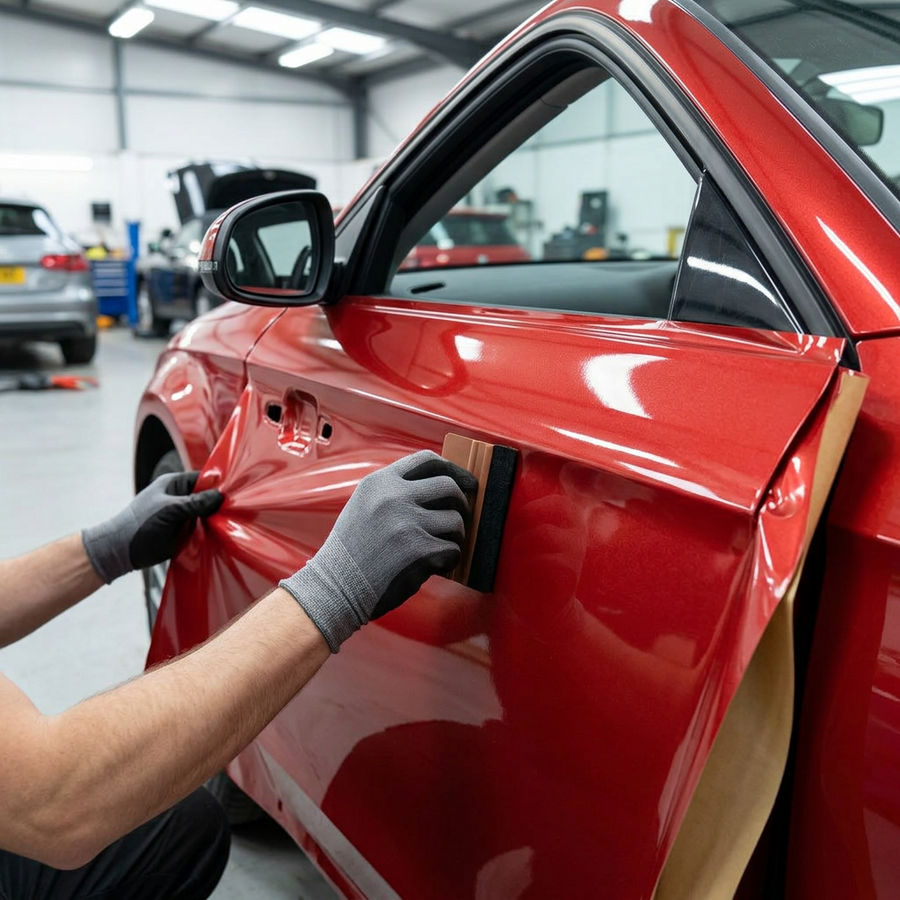3M 2080 Gloss Red Metallic folie, montering av folien på en bildør med filtskraper