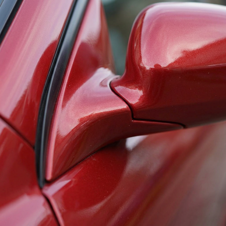 3M 2080 Gloss Red Metallic folie, nærbilde av finish på bildør og speil