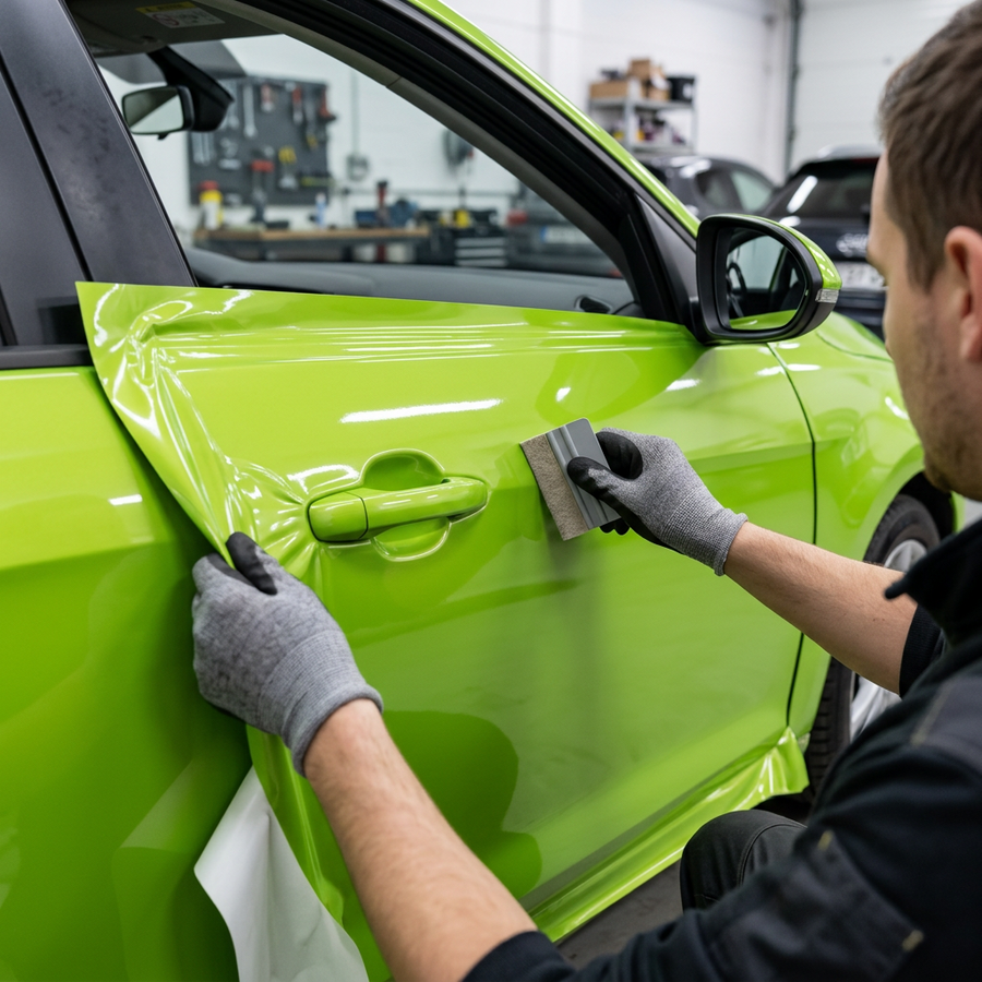 3M 2080 Gloss Light Green folie, montering av folien på en bildør med filtskraper