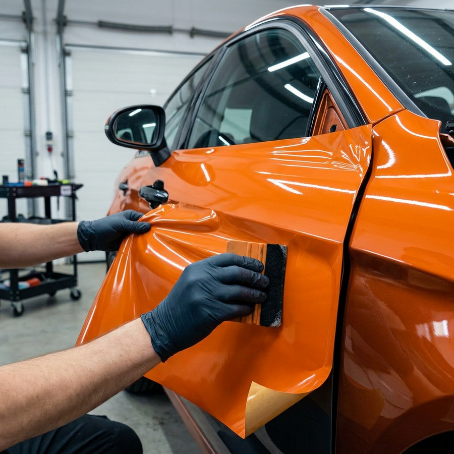 3M 2080 Gloss Deep Orange folie, montering av folien på en bildør med filtskraper
