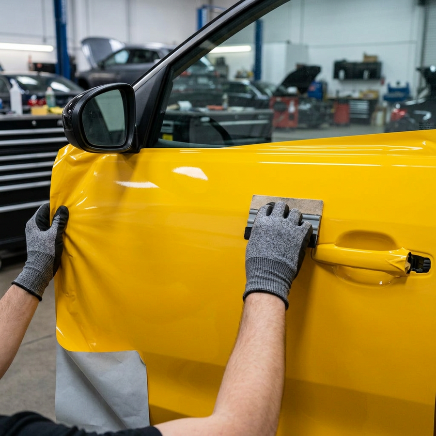 3M 2080 Gloss Sunflower Yellow folie, montering av folien på en bildør med filtskraper