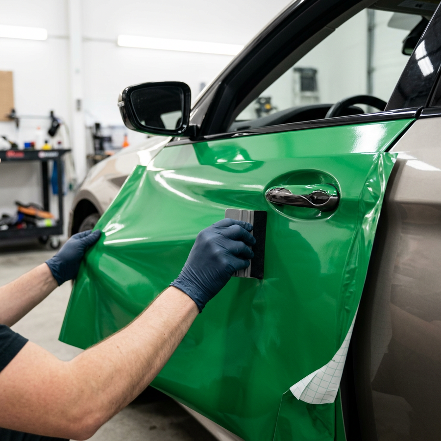 3M 2080 Gloss Kelly Green folie, montering av folien på en bildør med filtskraper