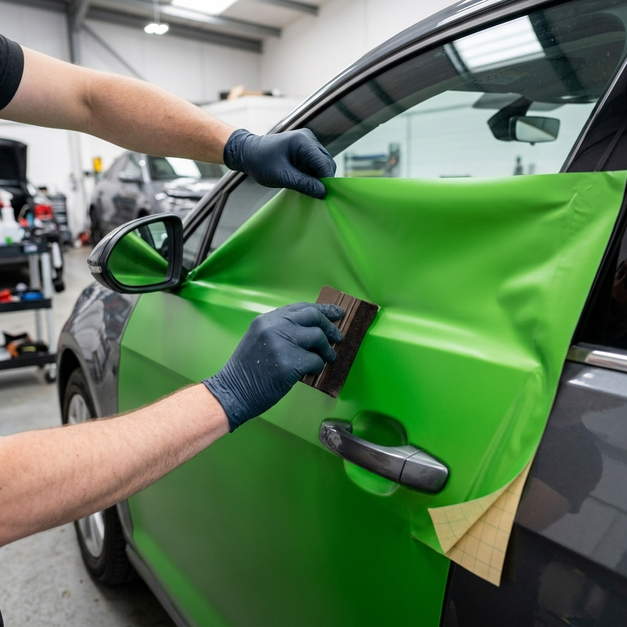 3M 2080 Satin Apple Green folie, montering av folien på en bildør med filtskraper