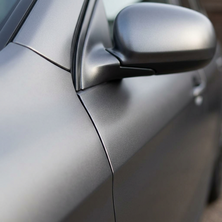 3M 2080 Satin White Aluminum folie, nærbilde av finish på bildør og speil