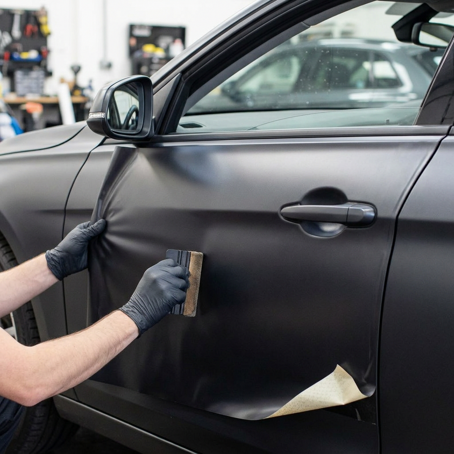 3M 2080 Deep Matte Black folie, montering av folien på en bildør med filtskraper
