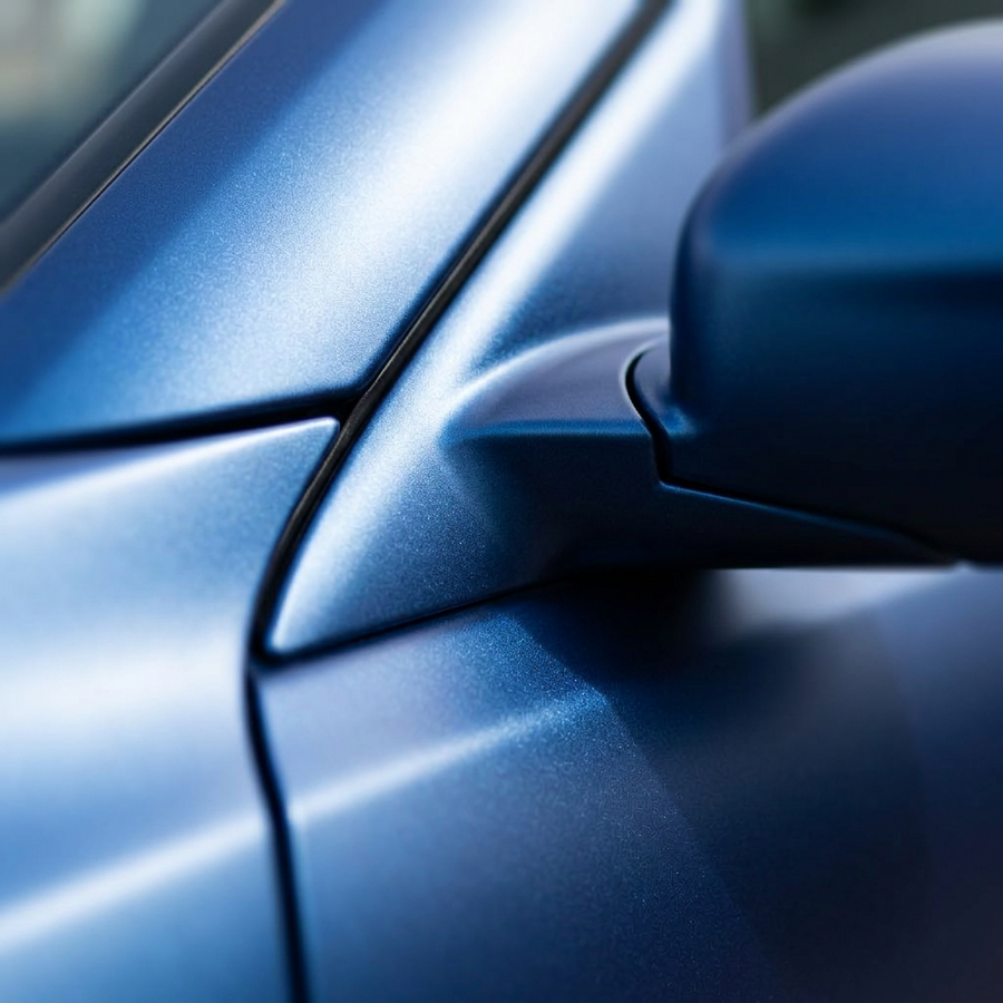 3M 2080 Matte Blue Metallic folie, nærbilde av finish på bildør og speil