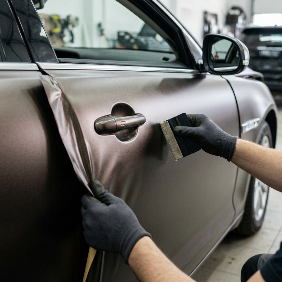 3M 2080 Matte Brown Metallic folie, montering av folien på en bildør med filtskraper