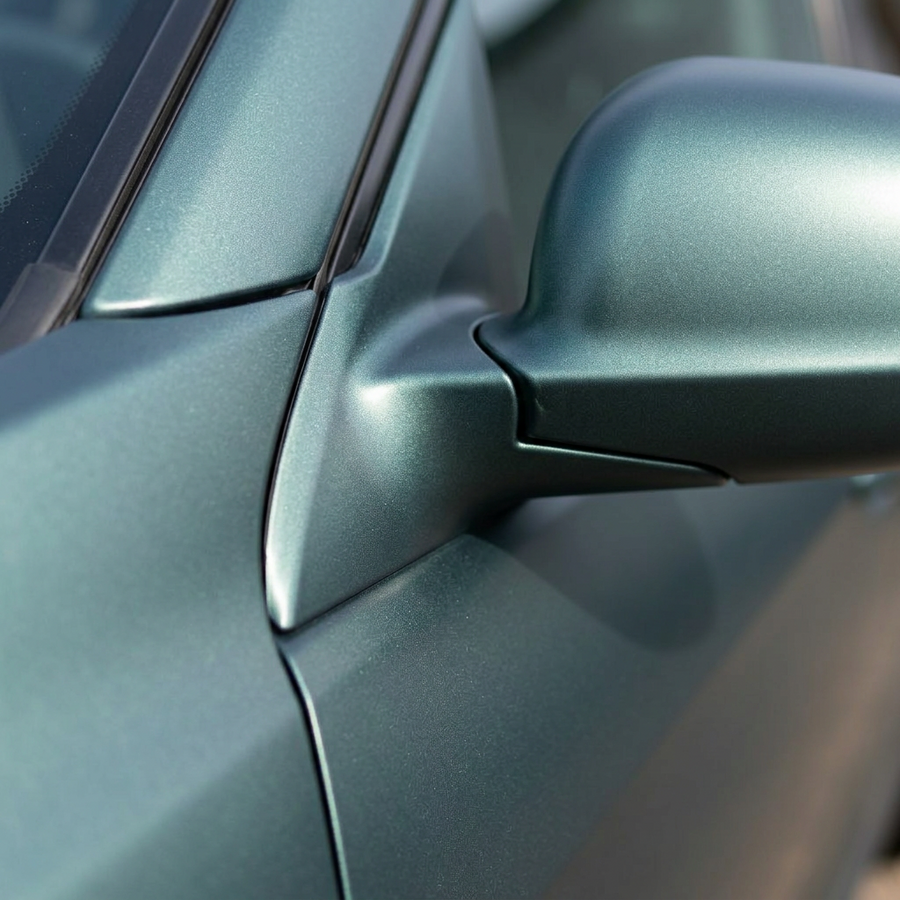 3M 2080 Matte Pine Green Metallic folie, nærbilde av finish på bildør og speil