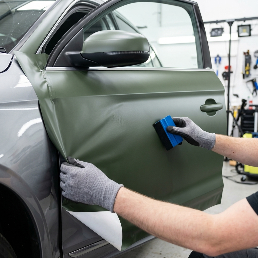 3M 2080 Matte Military Green folie, montering av folien på en bildør med filtskraper