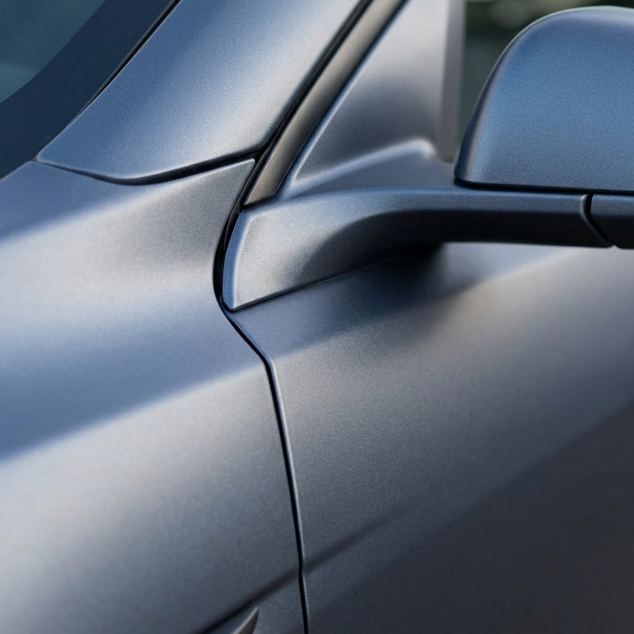 3M 2080 Matte Silver Metallic folie, nærbilde av finish på bildør og speil