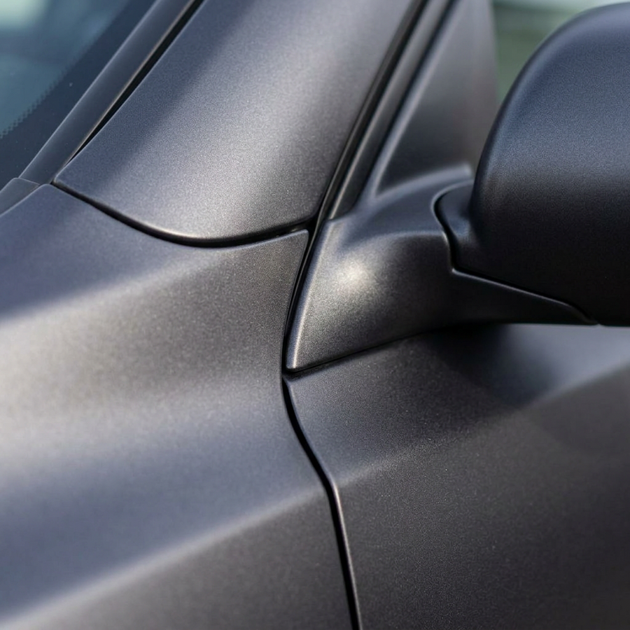 3M 2080 Matte Dark Gray folie, nærbilde av finish på bildør og speil